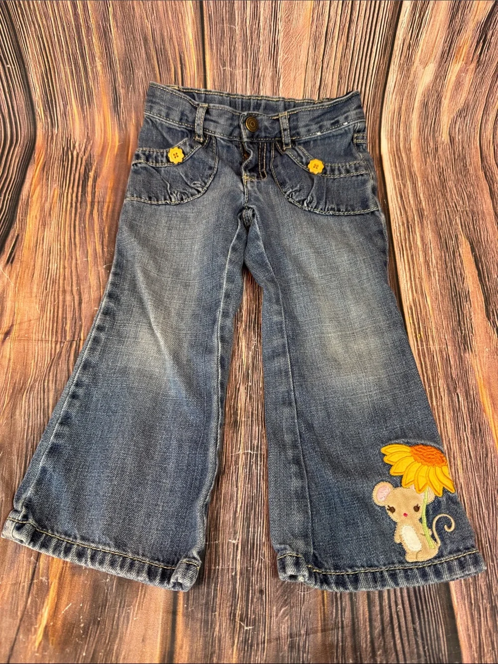 Gymboree Blue Denim Flare Jeans with Sunflower Mouse Patch